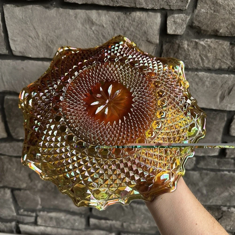 Vintage Indiana Glass Amber Carnival Plate Iridescent Diamond Point Starburst